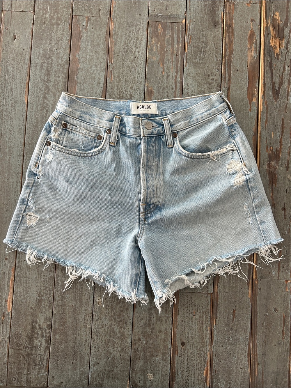 Agolde Parker Vintage Cut Off Long Blue Distressed Jean Shorts Size 26 - Picture 4 of 12